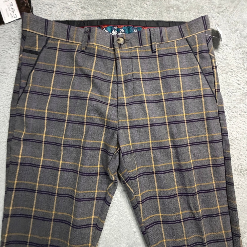 Suslo Couture Mens Grey Yellow Plaid Tailored Slim Fit Dress Pants W36 L32 NWT - Picture 7 of 12